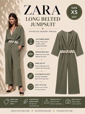 ZARA Dark Khaki Belted Wide Leg Jumpsuit XS NWT Wrap V Neck 3/4 Sleeve